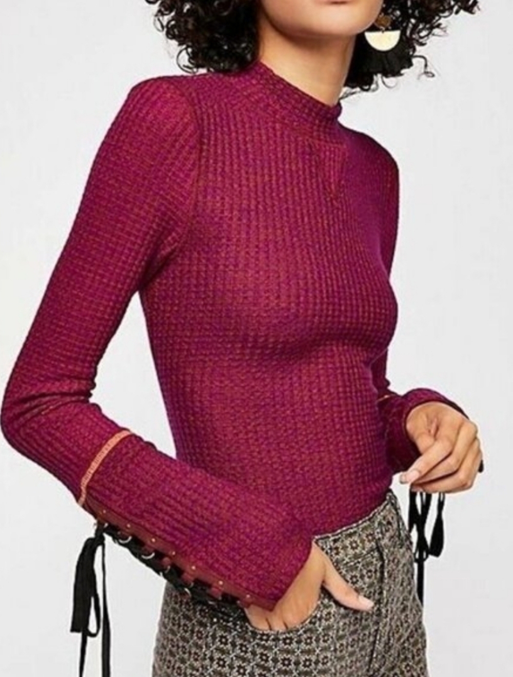 Free People Mountaineer Lace-Up Cuff Thermal Mock Neck Top Cranberry XS NEW